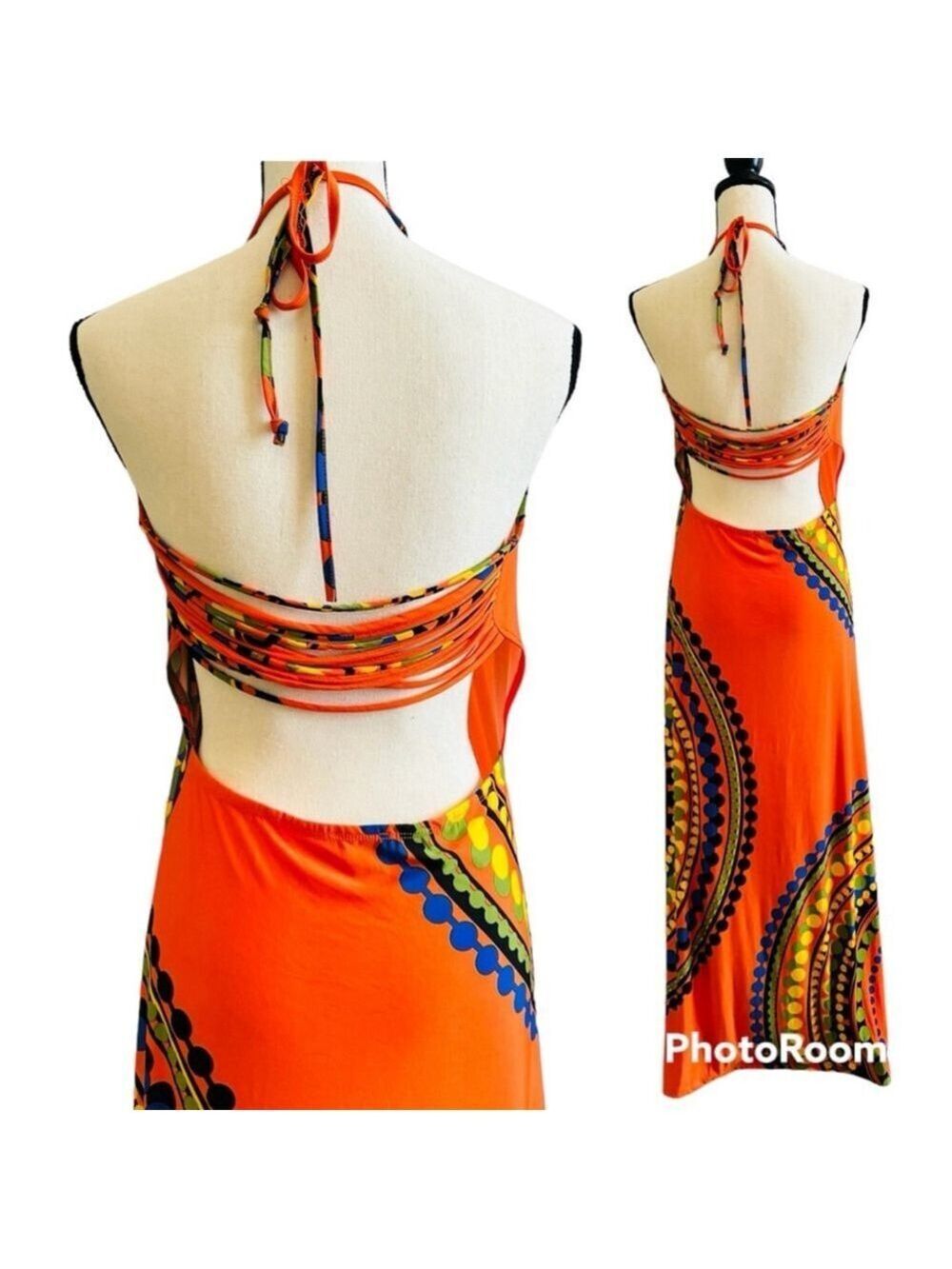 Vintage VENUS Orange Halter Strappy Maxi Dress Medium - Picture 3 of 14